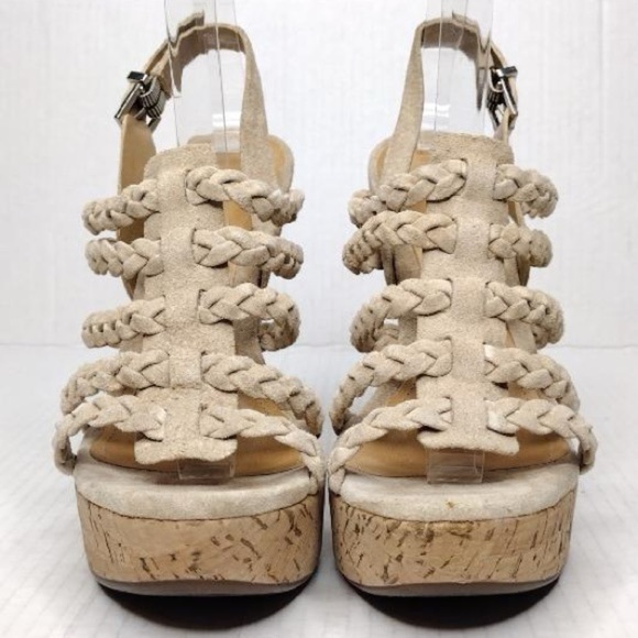 SCHUTZ Beige Braided Straps Boho Resort Cork Wedge Sandals - Picture 7 of 16